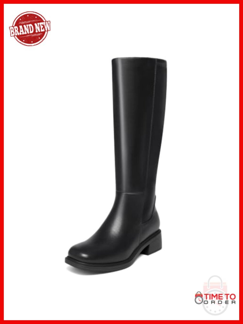 Square Toe Knee High Boots Low Block Heel Stretch Tall Womens